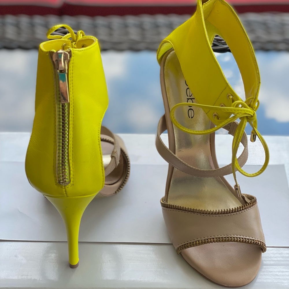Yellow and Nude Color Block Lace Heels